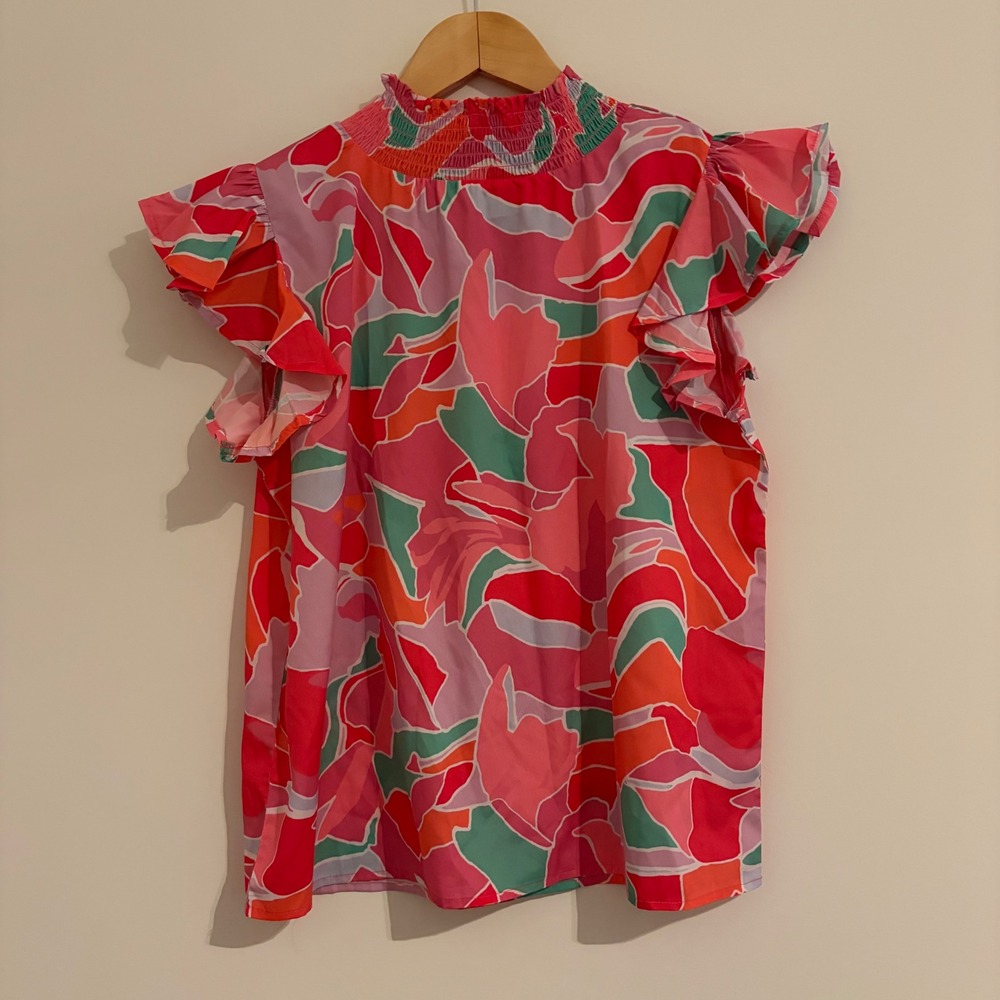 THML Pink Multi Abstract Floral Smocked Ruffle Cap Sleeve Top SRT1604-PK New